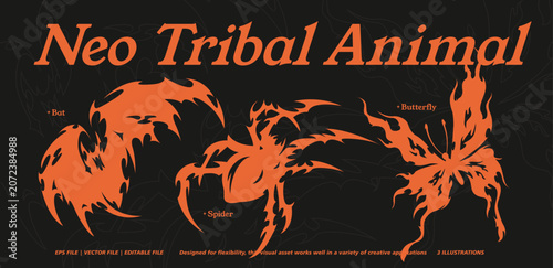 Neo tribal animal shape collection featuring abstract bat, spider and butterfly graphic elements for tattoo, logo, apparel, stickers, branding, decals, merchandise and creative design resources.