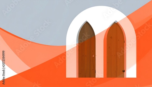 Abstract orange and white architectural 3D arched doorway.