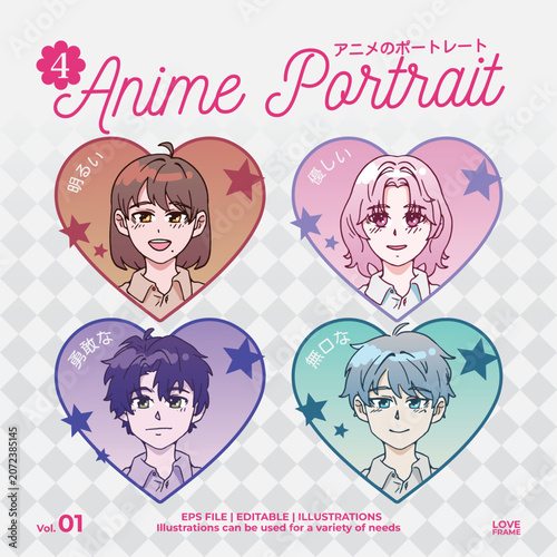 Cute anime character portrait collection with pastel heart frames for VTuber assets, avatar creator, game UI, visual novel, profile picture, social media, stickers, emotes and kawaii digital design.