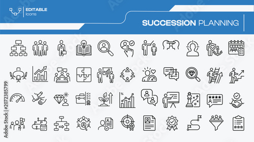 Succession Planning Vector Icon Set: Editable Stroke Line Illustrations for Talent Identification, Career Path, Competence Development & Job Rotation