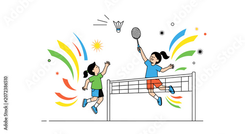 Two Girls Playing Badminton Outdoors.