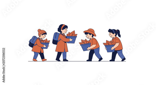 Workers carrying boxes in line.