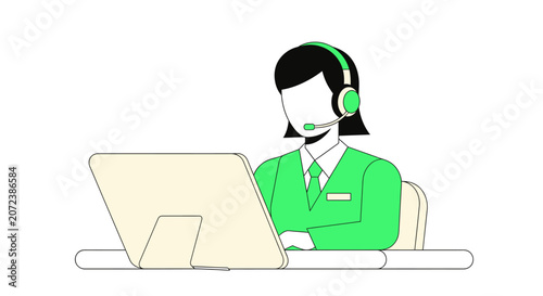 Woman Wearing Headset Using Laptop.