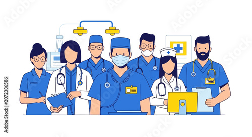 Medical team in blue scrubs.