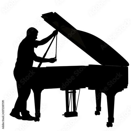 Professional piano tuner adjusting strings on a grand piano