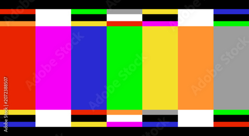 Abstract broadcast television test pattern featuring colorful vertical bars and signal calibration elements on a black background. Illustration Vector