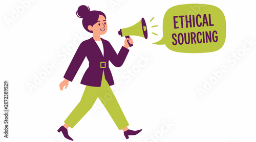 Woman with megaphone promoting ethical sourcing concept.