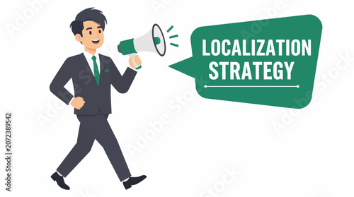 Businessman announcing localization strategy with megaphone.