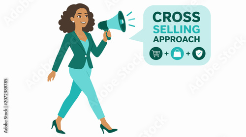 Businesswoman using megaphone for cross selling approach.