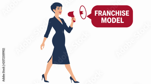 Businesswoman holding franchise model megaphone illustration.