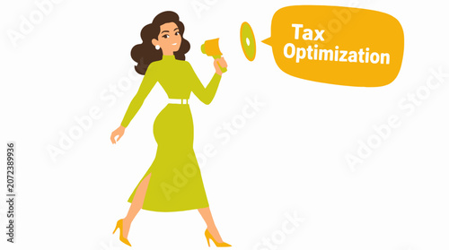 Woman in green dress holding tax optimization sign.