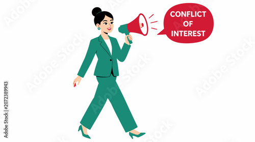 Businesswoman holding megaphone with conflict of interest text.