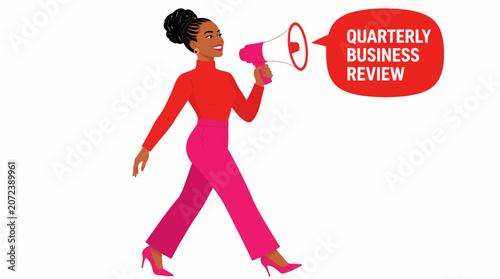 Confident woman holding megaphone for business announcement.