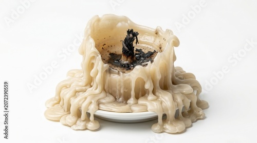 Melted white candle with wax drips on plate in soft light close-up