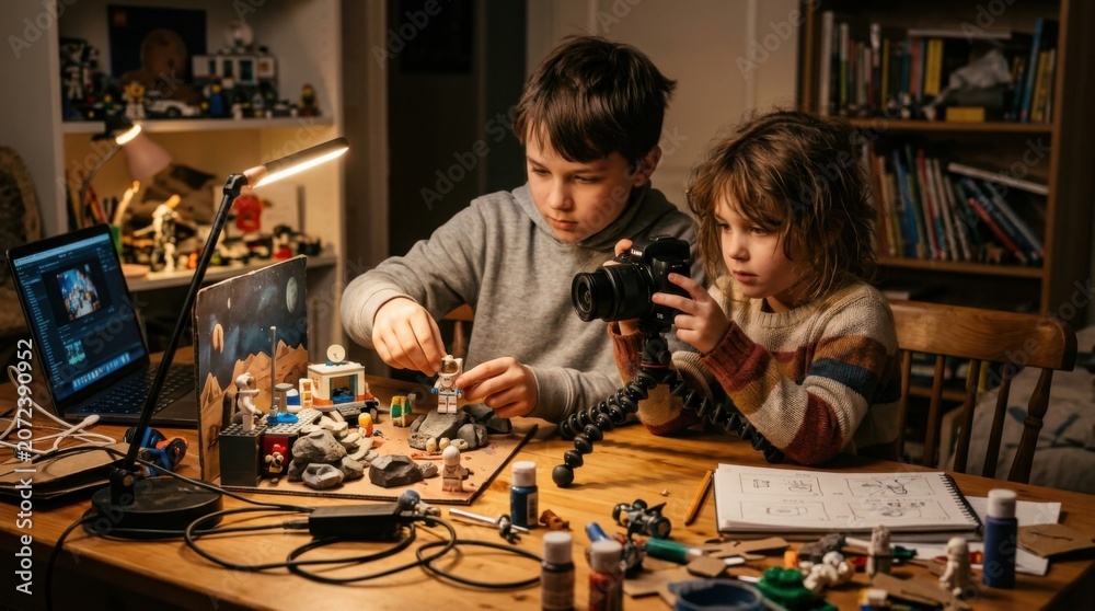 Naklejka premium Two young boys engrossed in building a complex Lego creation at a wooden desk.