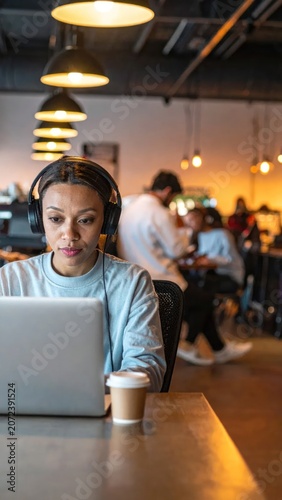 Woman with headphones works on laptop at a cafe table with others blurred in the background