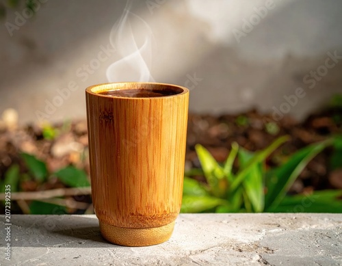 Steaming hot beverage in a handcrafted bamboo cup outdoors, rustic wooden texture, natural morning atmosphere, sustainable lifestyle and eco-friendly