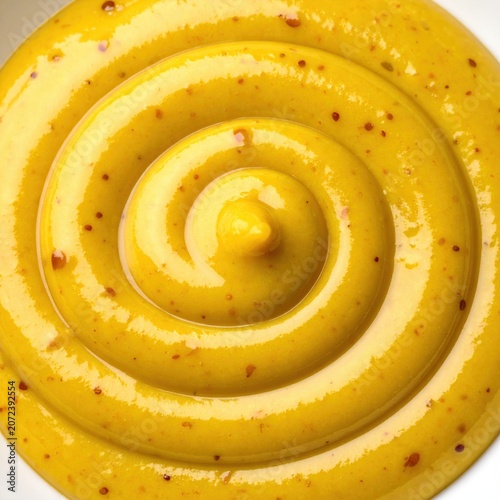 Top view closeup of golden yellow mustard swirl, thick textured sauce with spice seeds, condiment for food photography, culinary ingredient