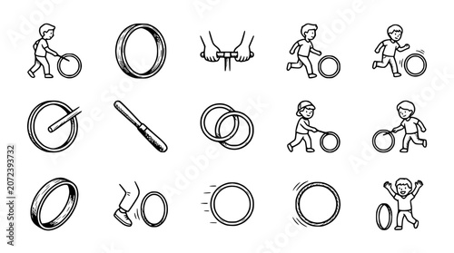 Obraz na płótnie Childhood Games: Boy Rolling Hoop with Stick, Jumping Through Rings, Vintage Ill