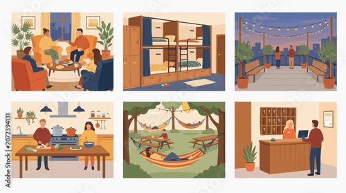 A collage showcasing different aspects of communal living and shared spaces, including a living room gathering, bunk beds in a dormitory, a rooftop terrace with string lights.