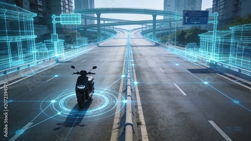 Autonomous Motorcycle on Smart Highway: A lone motorcycle navigates a futuristic smart highway, surrounded by glowing digital interfaces and data streams.