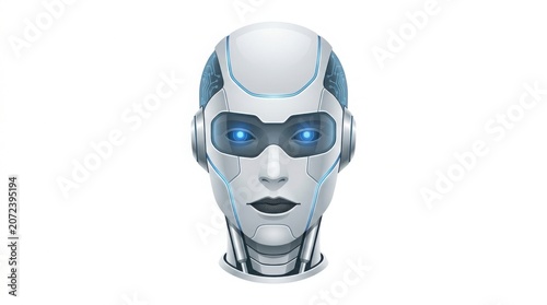 Futuristic humanoid robot head with glowing blue eyes and metallic texture in 3D render