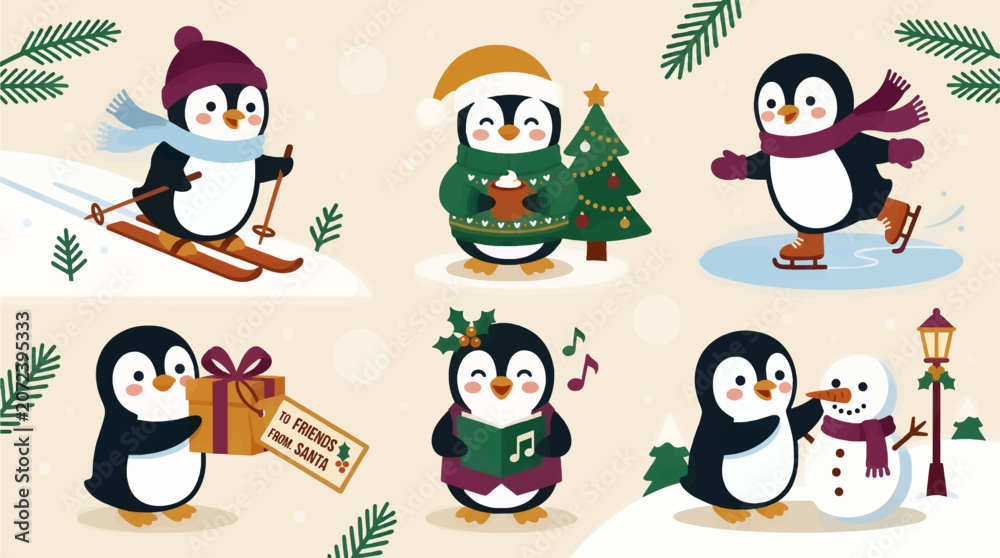 Fototapeta premium Cute Cartoon Penguins Engaging in Christmas Activities: Skiing, Ice Skating, Singing Carols, Building Snowman, and Gift Giving, Flat Vector Illustration with Holiday Elements