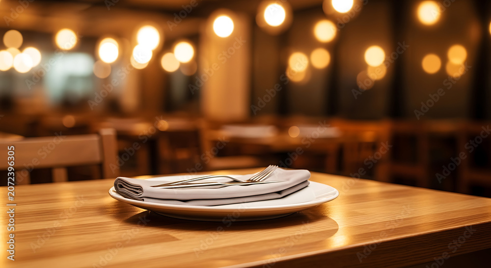 Obraz premium Restaurant Table Setting with Soft Bokeh Lights Background