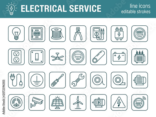 Set of electrical service line icons, vector illustration of electrical equipment and tools
