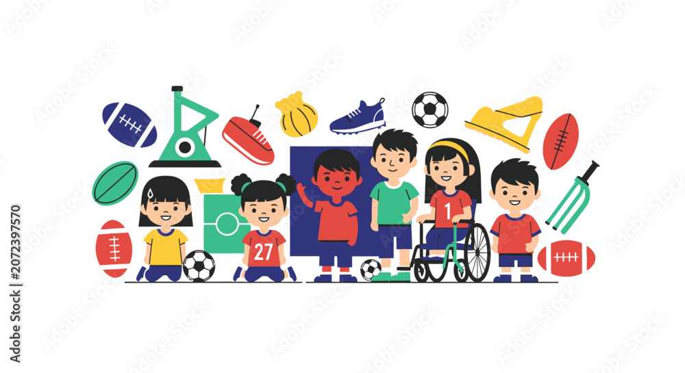 Fototapeta premium Diverse kids sports illustration.