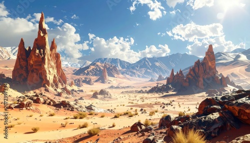 Arid desert landscape with tall red rock spires.