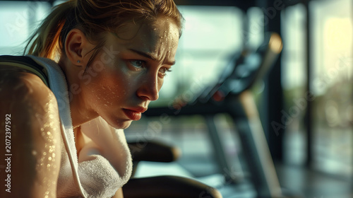 Sweaty exhausted woman resting after intense workout session in modern gym environment
