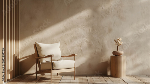 Minimal interior room with chair sunlight shadows and natural aesthetic design