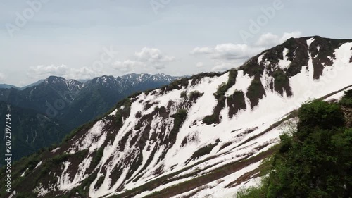 初夏の観光名所立山黒部アルペンルートの大観峰から見た北アルプス山脈の雪景色