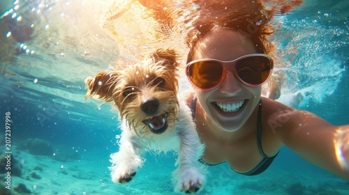 Happy woman and little dog swimming underwater in pool, summer, happy, lifestyles, vacation, holiday, healthy, active, joy, happiness, recreation, enjoyment