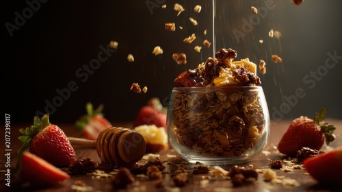 toppings should have an appetizing texture, food props like fruit, honey, jam, granola, nuts, healthy, food, fruit, berry, raspberry, nutrition, blueberries, organic, antioxidant