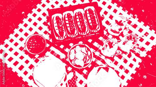 Picnic Food Setup with Hot Dogs, Chips, and Drinks on Red Gingham Tablecloth