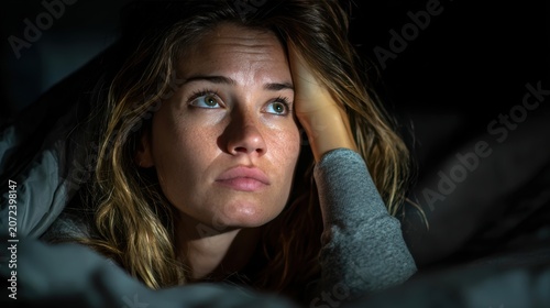 woman in bed late trying to sleep suffering insomnia, sleepless or scared in a nightmare, looking sad worried and stressed. Tired and headache or migraine waking up in the middle of the night.