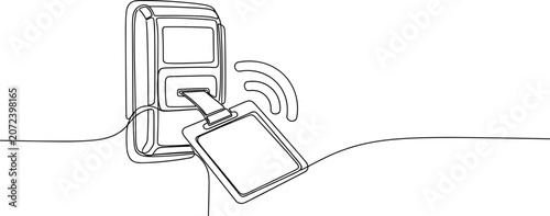 Fotografie Access control card reader with key card and wifi signal, one line drawing