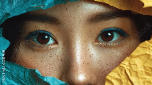 Young Asian woman with beautiful bright black eyes with shining blue shadows, beige lipstick and expressive eyebrows, pitted look of colored paper, fashion, beauty, make-up, cosmetics, salon style