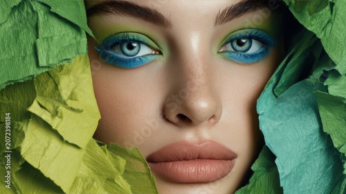 Young woman with beautiful bright green eyes with shining blue shadows, beige lipstick and expressive eyebrows, pitted look of colored paper, fashion, beauty, make-up, cosmetics, salon style