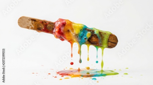 Colorful melted popsicle dripping with rainbow sprinkles on white background