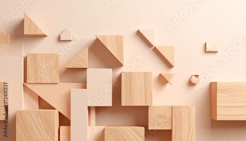 Creative 3D abstract geometric wood block composition.