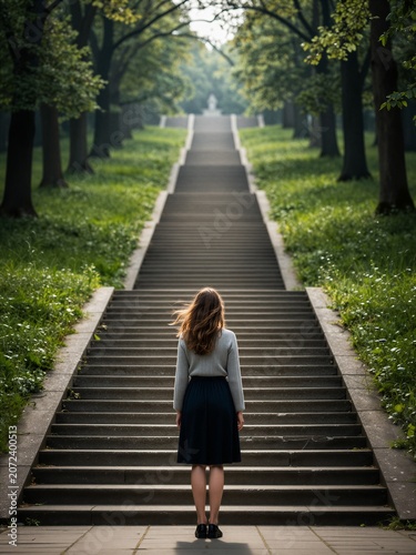 Woman Standing at the Bottom of a Long Stone Staircase in a Park