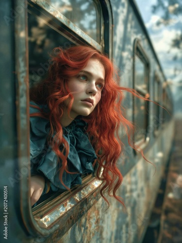 Young Woman with Red Hair Looking Out of a Train Window