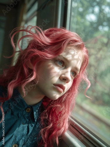 Young Woman with Pink Hair Looking Out Train Window