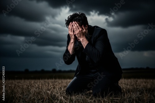 Depressed man kneeling in a field under a dark stormy sky