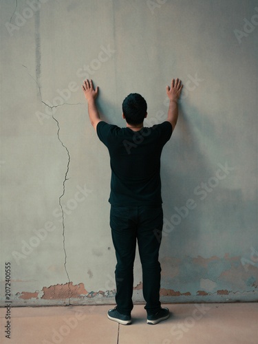 Man in Black Standing with Back to Camera Against Large Cracked Wall