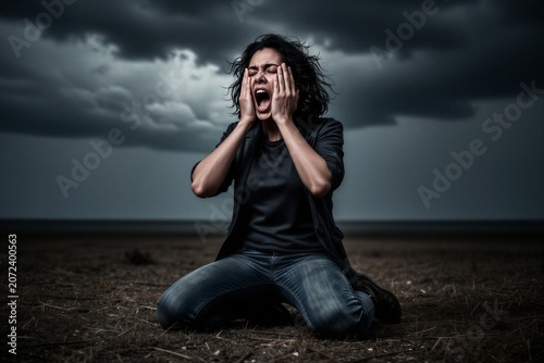 Desperate Woman Screaming and Kneeling Under a Stormy Dark Sky