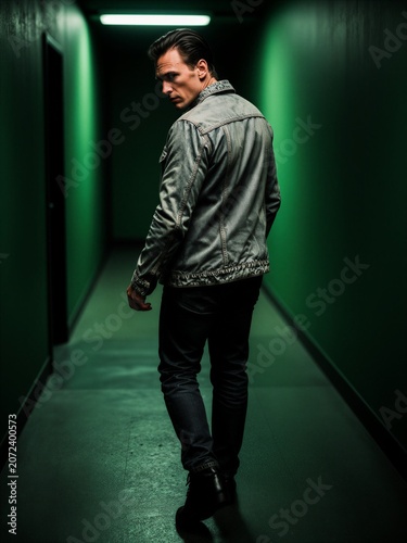 Man in Denim Jacket Walking Through Dark Green Hallway Looking Back
